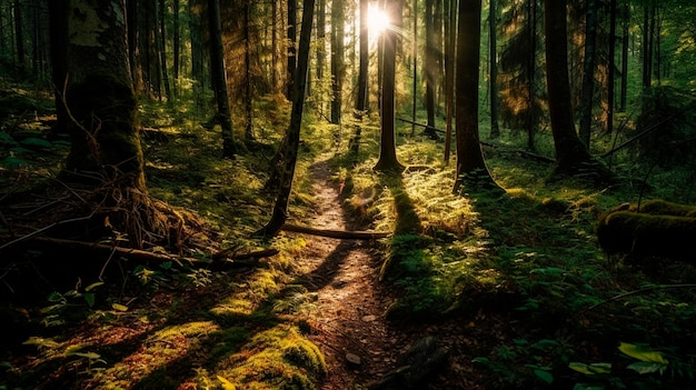 O sol brilha através das árvores da floresta em um dia ensolarado Generative AI