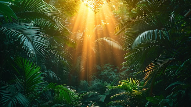 O sol brilha através das árvores na selva