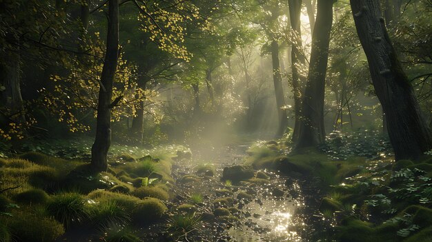 O sol brilha através das árvores numa bela floresta a floresta está cheia de musgo verde e um pequeno rio atravessa-a