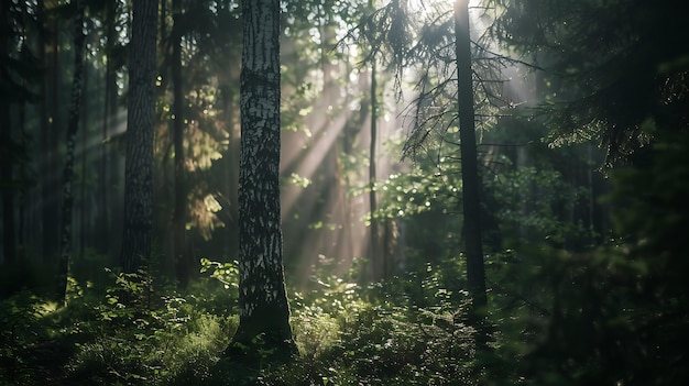 O sol brilha através das árvores numa bela floresta a floresta está cheia de plantas e árvores verdes os raios de sol fazem com que a floresta pareça mágica