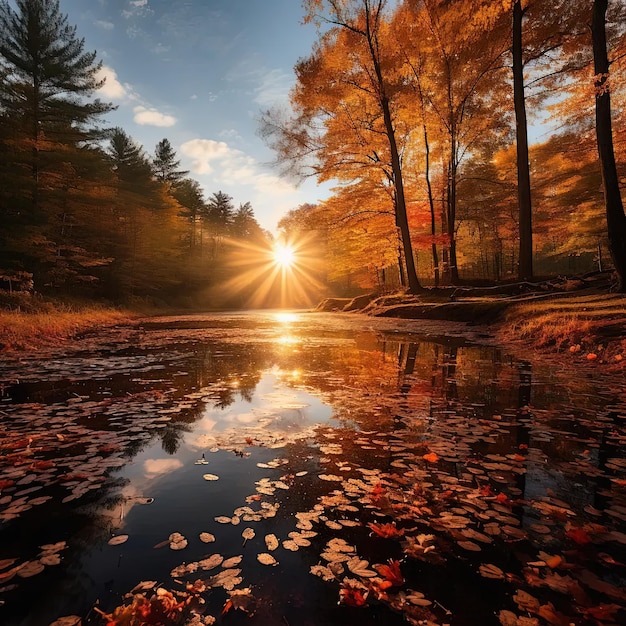 Foto o sol brilha através das árvores sobre a água