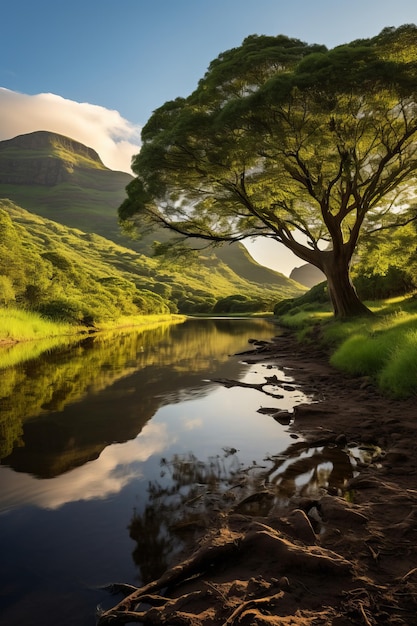 O sol brilha através das folhas verdes de uma grande árvore ao lado de um rio em um vale