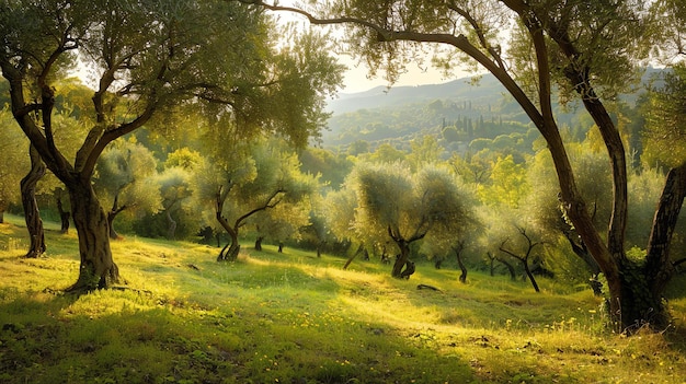 O sol brilha através das oliveiras num campo verde exuberante as árvores são onduladas e torcidas com folhas verdes escuras grossas