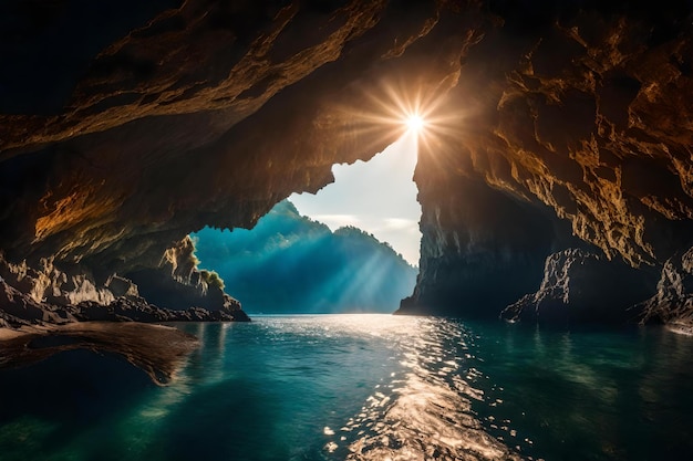 O sol brilha através de um buraco numa caverna.