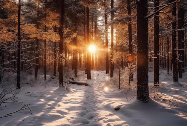 O sol brilha através de um pinheiro na floresta de inverno no estilo de uma paisagem romântica