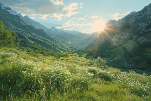 O sol brilha brilhantemente sobre um vale nas montanhas