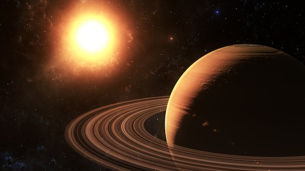 O sol brilha em saturno no espaço, rendição 3d.