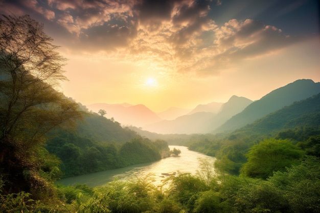 O sol brilha, o céu nublado está nas montanhas, gera Ai.