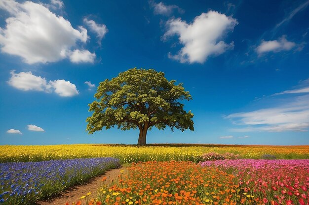 O sol brilhando através de um majestoso carvalho verde em um prado com um céu azul claro ao fundo