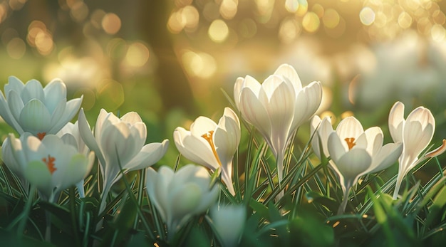 O sol brilhante da primavera banha os elegantes crocus brancos e os narcisos amarelos vívidos que emergem em meio à grama verde, simbolizando o despertar vibrante da natureza.