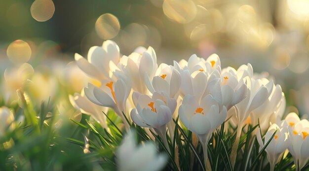 O sol brilhante da primavera banha os elegantes crocus brancos e os narcisos amarelos vívidos que emergem em meio à grama verde, simbolizando o despertar vibrante da natureza.