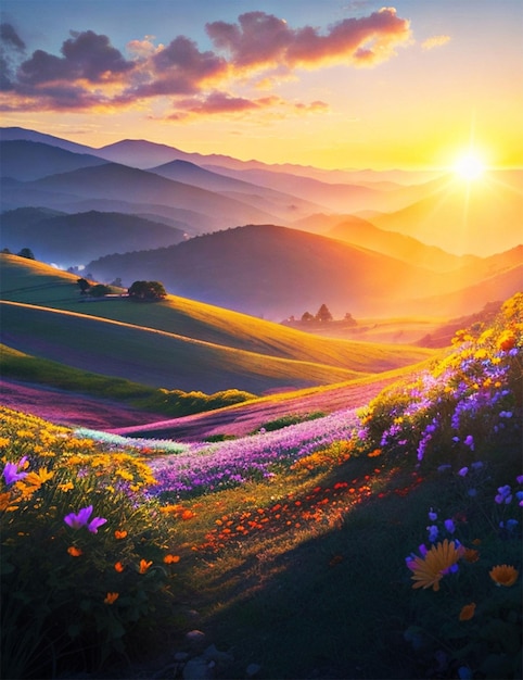 O sol brilhante nasce acima do horizonte iluminando uma paisagem pitoresca de colinas e vi