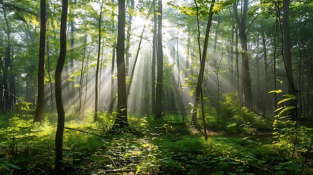 O sol da manhã brilha através das altas árvores da floresta