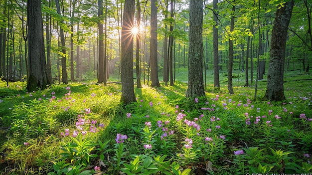 O sol da manhã brilha através das árvores numa bela floresta há uma variedade de flores no chão da floresta