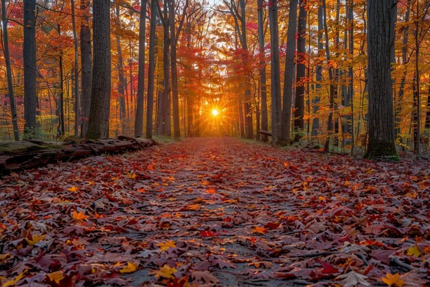 O sol está a brilhar através das árvores da floresta.