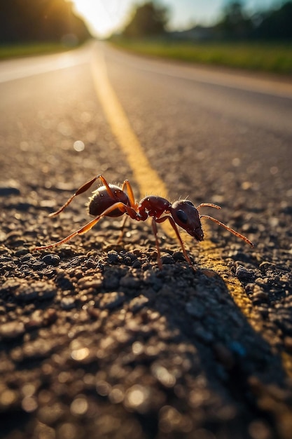 O sol está a nascer e uma formiga bonita está à procura de comida na estrada.