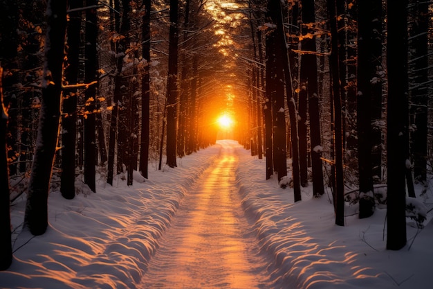 O sol está a pôr-se no meio de uma floresta coberta de neve.