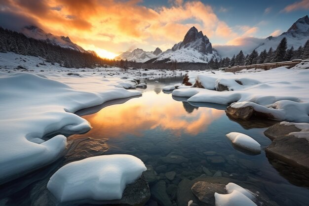 O sol está a pôr-se sobre um lago de montanha.