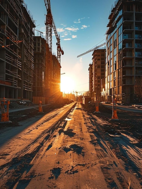 Foto o sol está a pôr-se sobre um local de construção