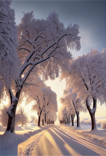 O sol está brilhando através das árvores na neve generativa ai