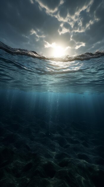 O sol está brilhando através das nuvens acima do oceano.