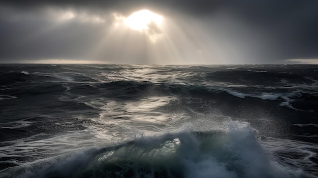 Foto o sol está brilhando através das nuvens sobre o oceano.