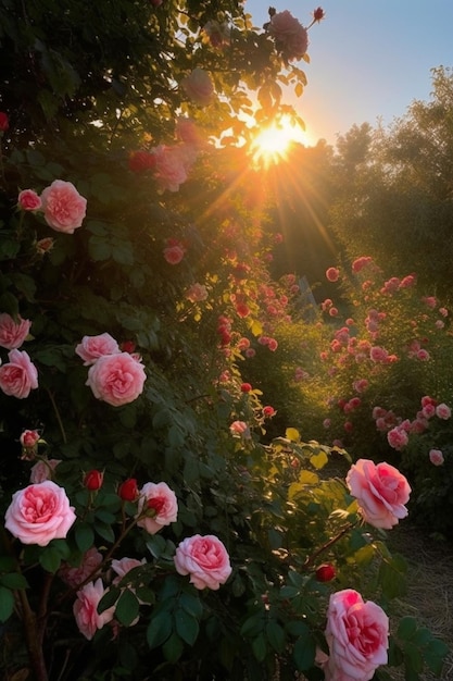 O sol está brilhando através das rosas