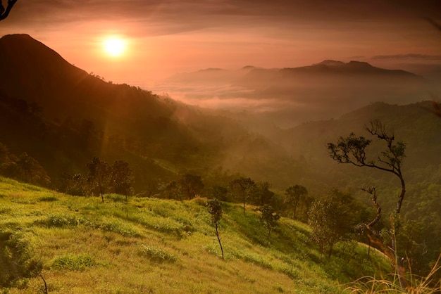 O sol está nascendo sobre uma montanha e colina nebulosa