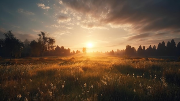 O sol está se pondo atrás de algumas árvores e grama, em um campo com grama alta