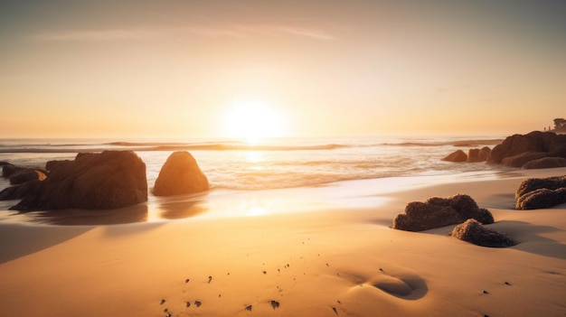 O sol está se pondo sobre a água na praia Imagem generativa de IA