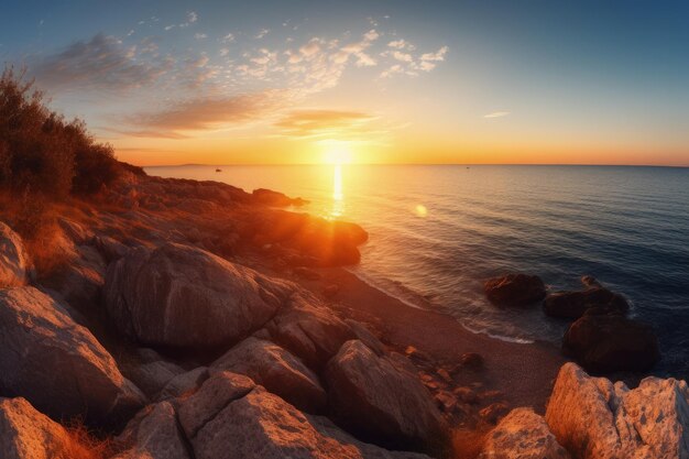 O sol está se pondo sobre o oceano em uma IA geradora de costa rochosa