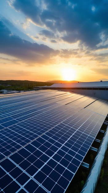 o sol está se pondo sobre uma fazenda solar