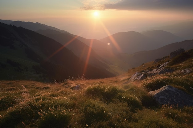 O sol está se pondo sobre uma serra generativa ai