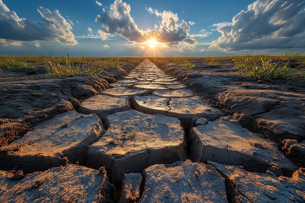 O sol lança sua luz dourada enquanto se põe sobre uma estrada rachada em um pântano seco