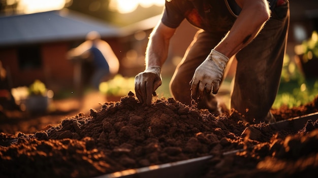 O sol lança um brilho quente sobre as mãos de um agricultor de meia-idade cujo cada toque no solo fala