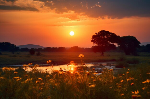 O sol luminoso paira majestosamente banhando um campo tranquilo em brilho.