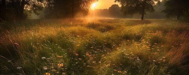 Foto o sol nasce sobre um campo de flores silvestres