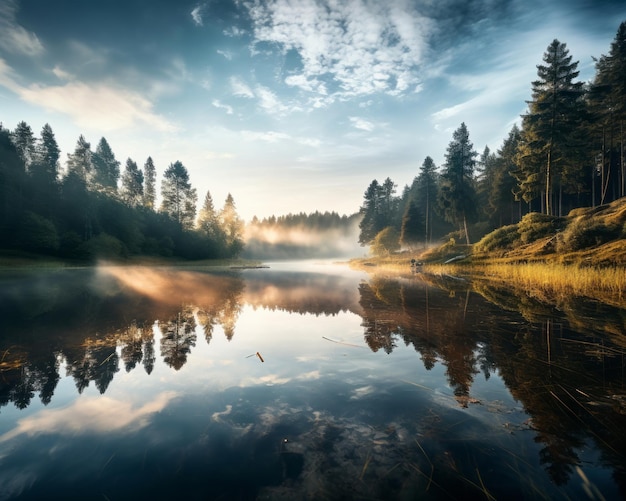 o sol nasce sobre um lago no meio de uma floresta