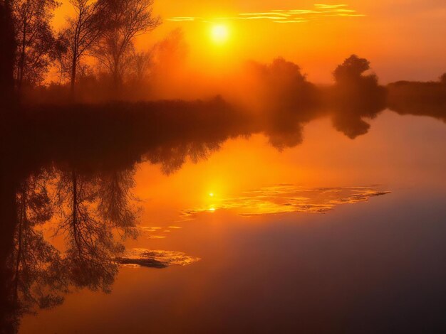 Foto o sol nasce sobre um lago pela manhã