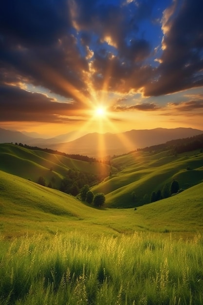 O sol nasce sobre uma encosta com campos gramados e uma área com uma colina geradora de IA