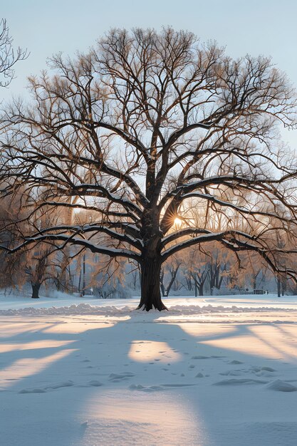 O sol que brilha através dos galhos de árvores cobertos de neve cria uma bela paisagem natural