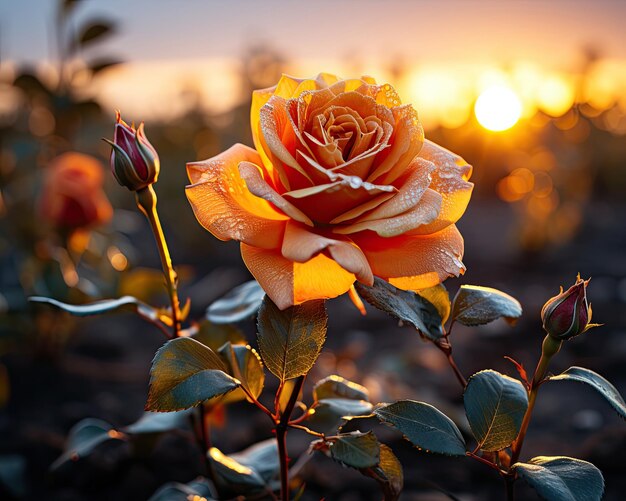 O sol se põe atrás de uma rosa amarela.