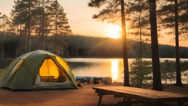 Foto o sol se põe com a tenda de acampamento em uma floresta de pinheiros