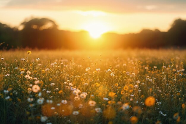 O sol se põe sobre o campo de flores silvestres