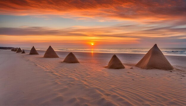 Foto o sol se põe sobre o oceano com dunas de areia ao fundo.