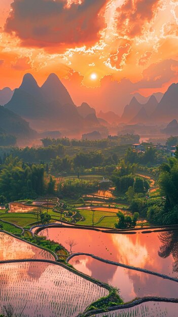 Foto o sol se põe sobre os campos de arroz nas montanhas de guizhou