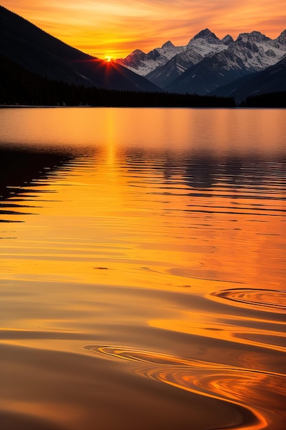 o sol se põe sobre um lago nas montanhas.