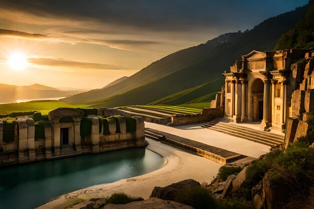 O sol se põe sobre um templo e o lago