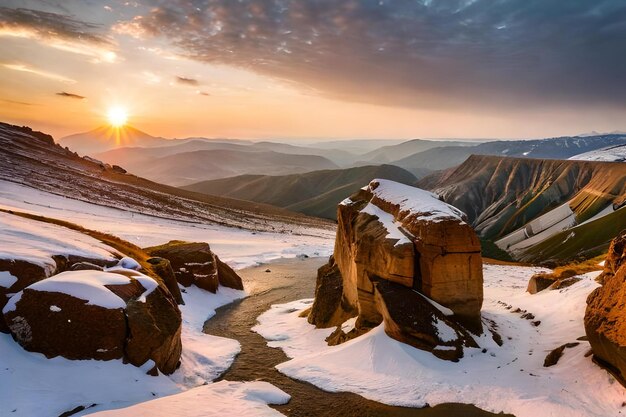 O sol se põe sobre uma cordilheira nevada.