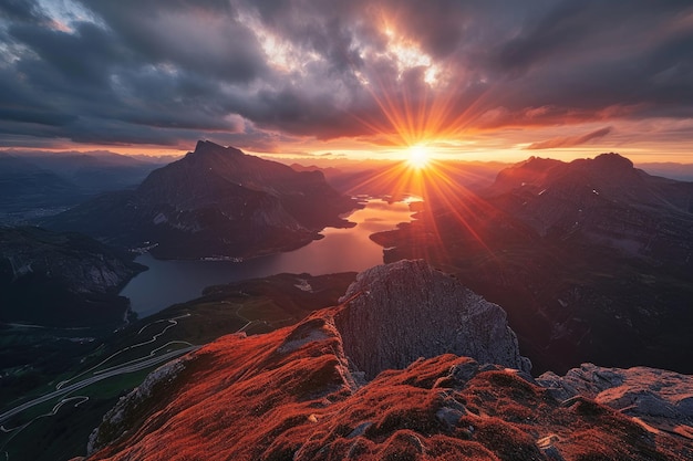 O sol se põe sobre uma cordilheira Um panorama deslumbrante de montanhas e lagos sob um brilhante nascer do sol de verão